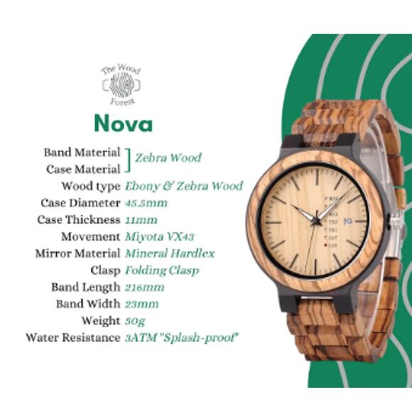 The Wood Forest Nova Wooden Wrist Watch -Tan Ebony-Zebra Wood-Men Watch-Big Face - Picture 4 of 12